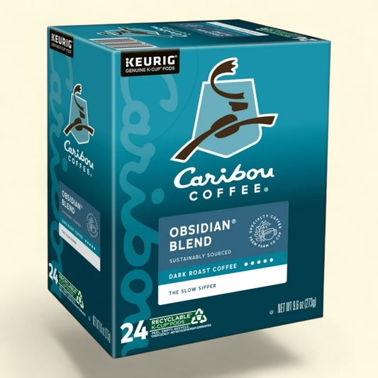 Box of Caribou Coffee Obsidian Blend Keurig coffee pods on a beige background