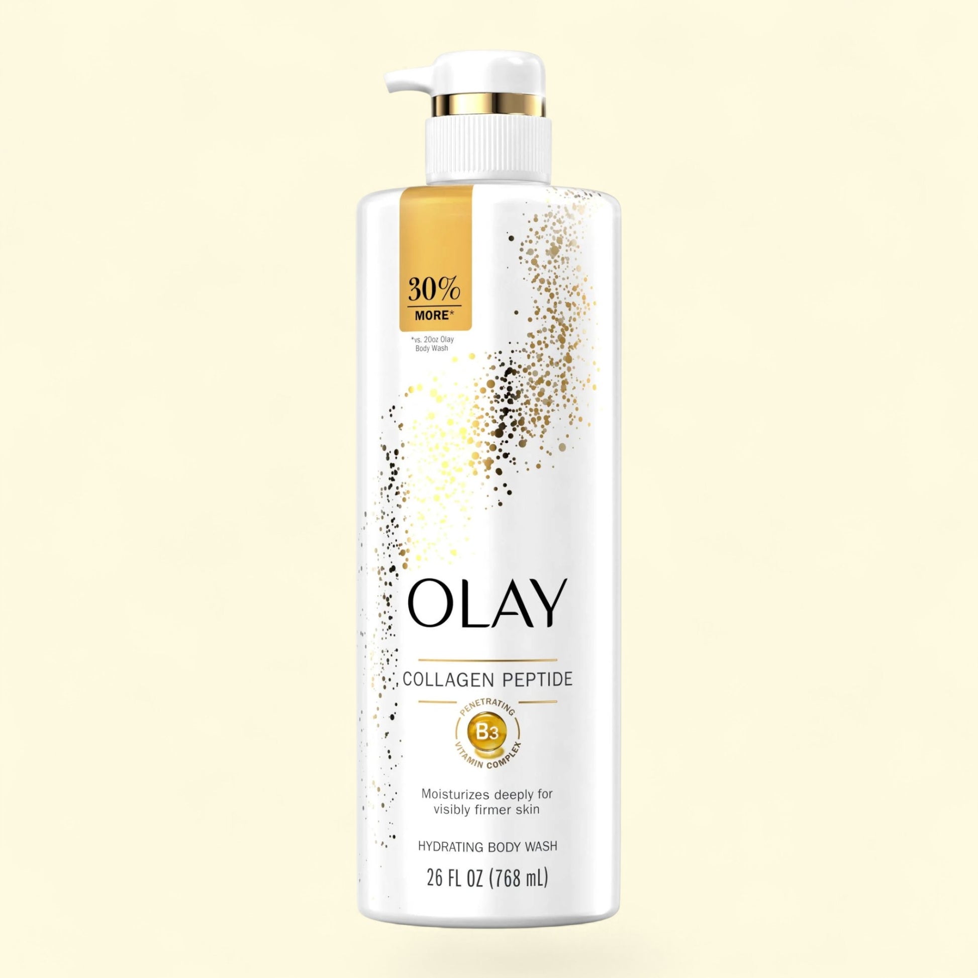 Olay Collagen Peptide body wash bottle on a beige background