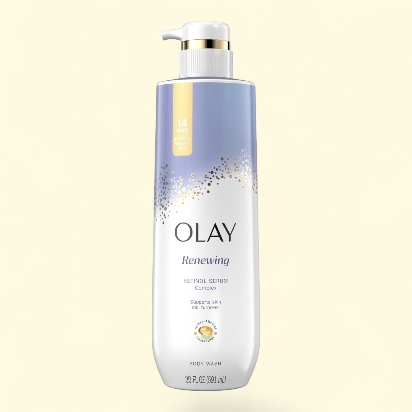 Olay Renewing body wash bottle on a light beige background