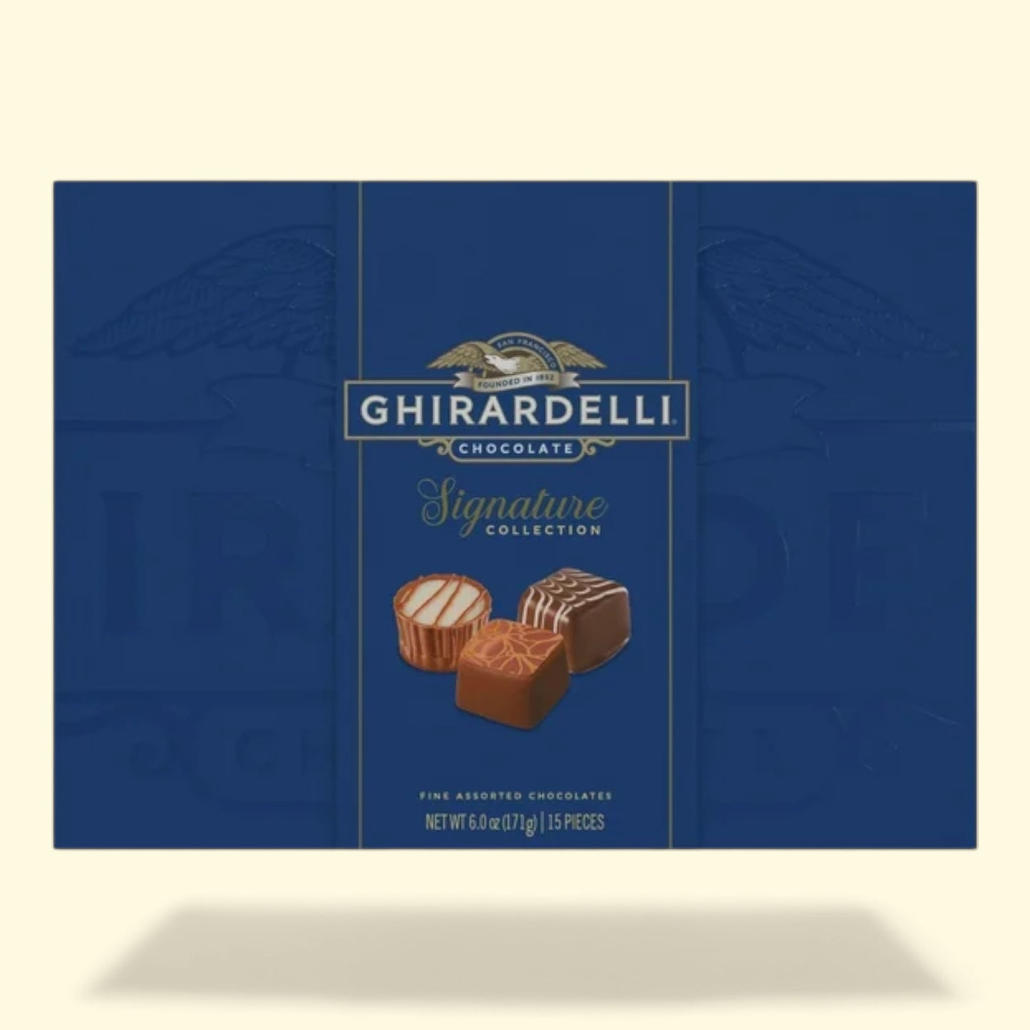 Ghirardelli chocolate packaging with a blue background