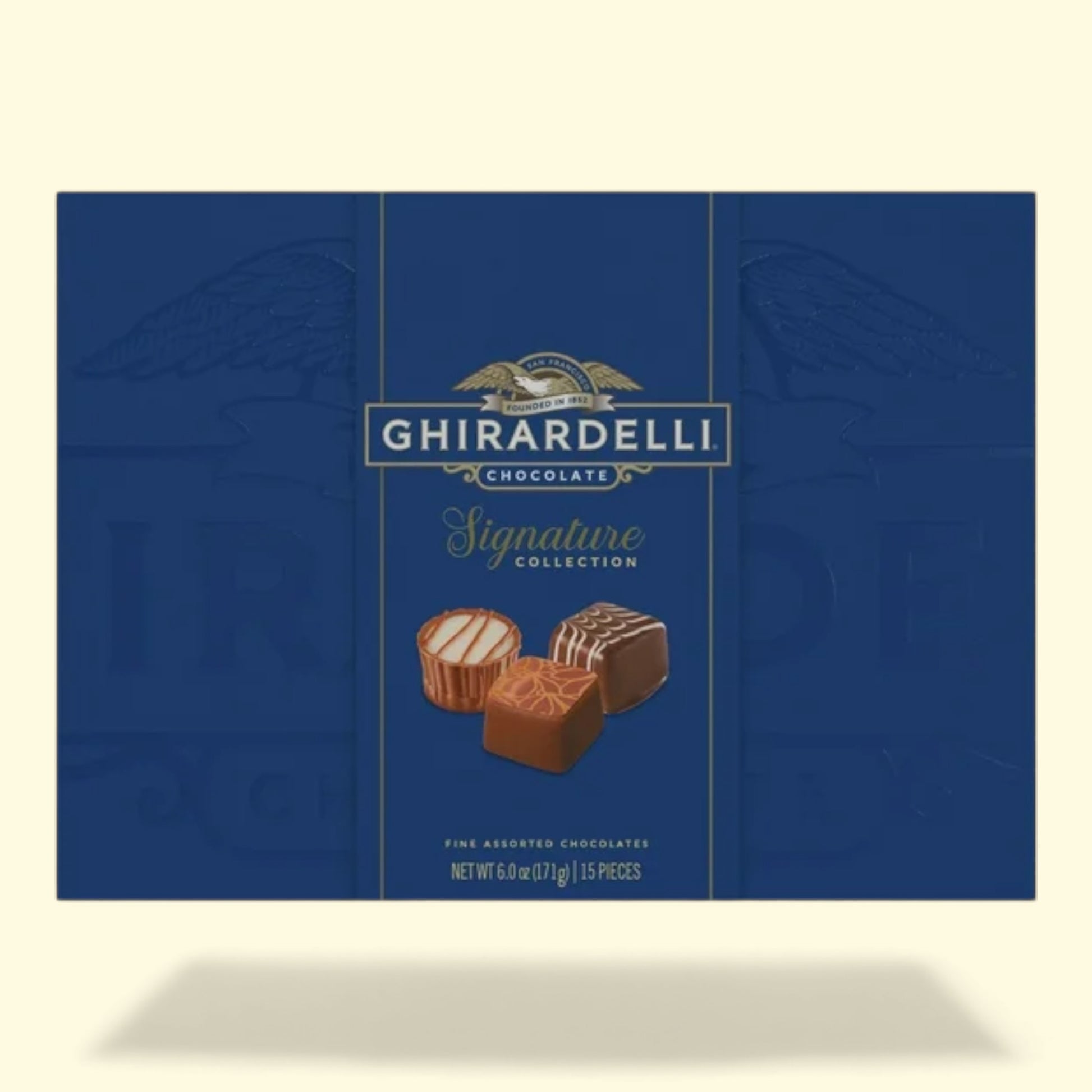 Ghirardelli chocolate packaging with a blue background
