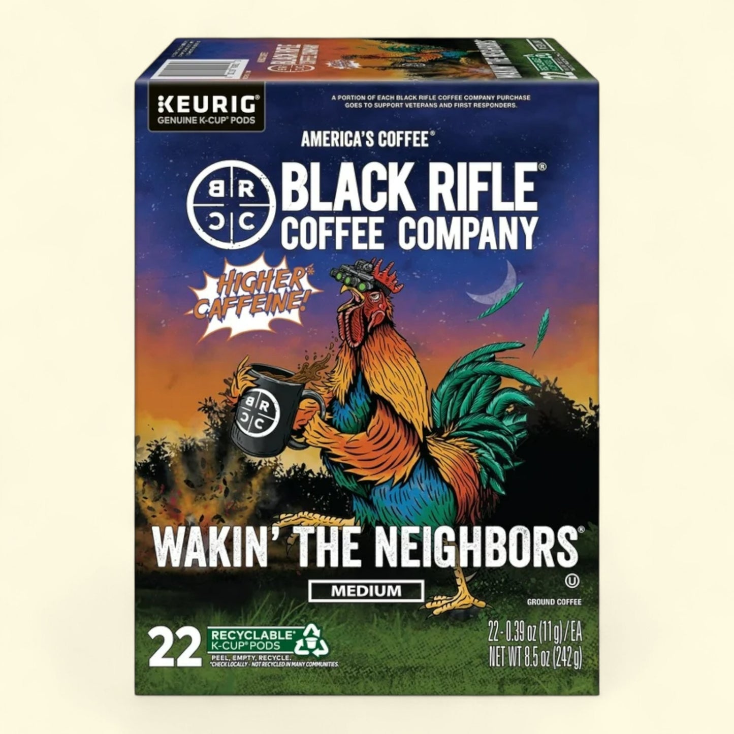 Black Rifle Coffee Company  wakin the neighbors K-cup pod box with rooster illustration on a beige background