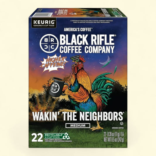 Black Rifle Coffee Company  wakin the neighbors K-cup pod box with rooster illustration on a beige background