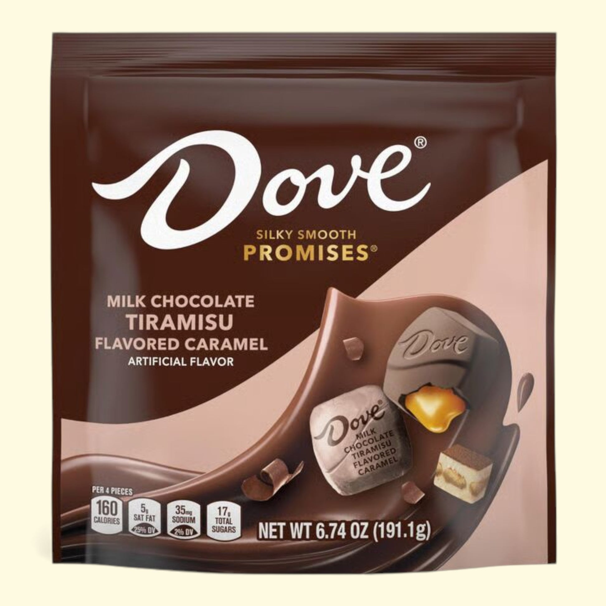 Dove Silky Smooth Promises Milk Chocolate Tiramisu Flavored Caramel packaging on a beige background