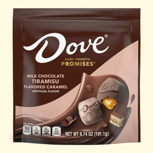 Dove Silky Smooth Promises Milk Chocolate Tiramisu Flavored Caramel packaging on a beige background