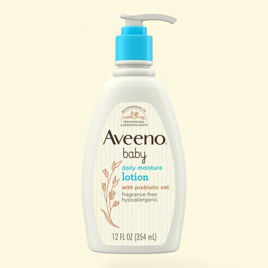 Aveeno baby daily moisture lotion bottle on a beige background