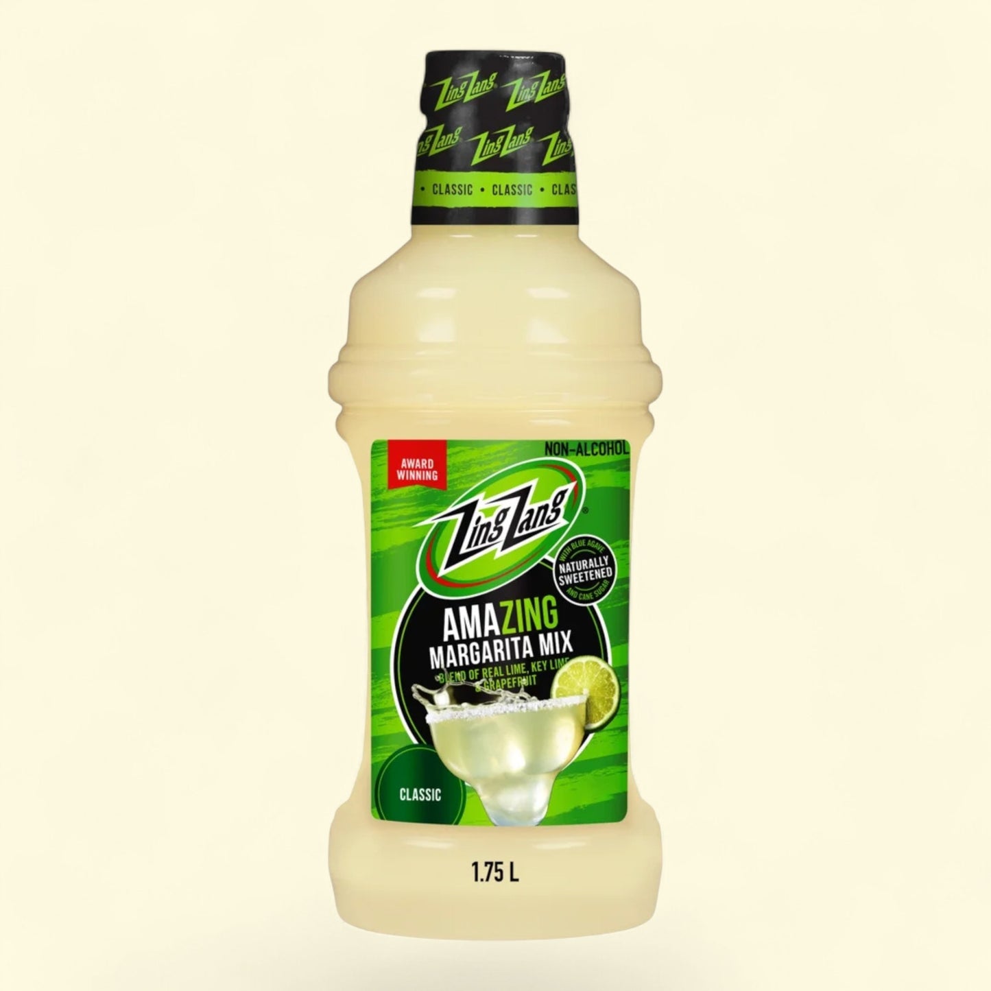 Bottle of Zingy Lane Amazing Margarita Mix on a white background