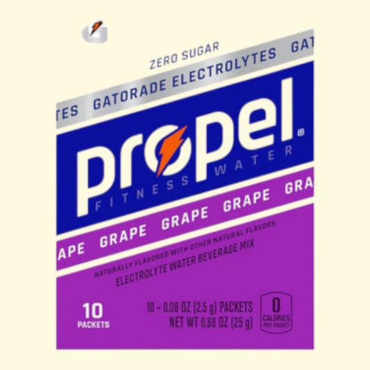Propel Fitness Electrolyte Water Mix Packets for Gatorade Grape flavor on a beige background
