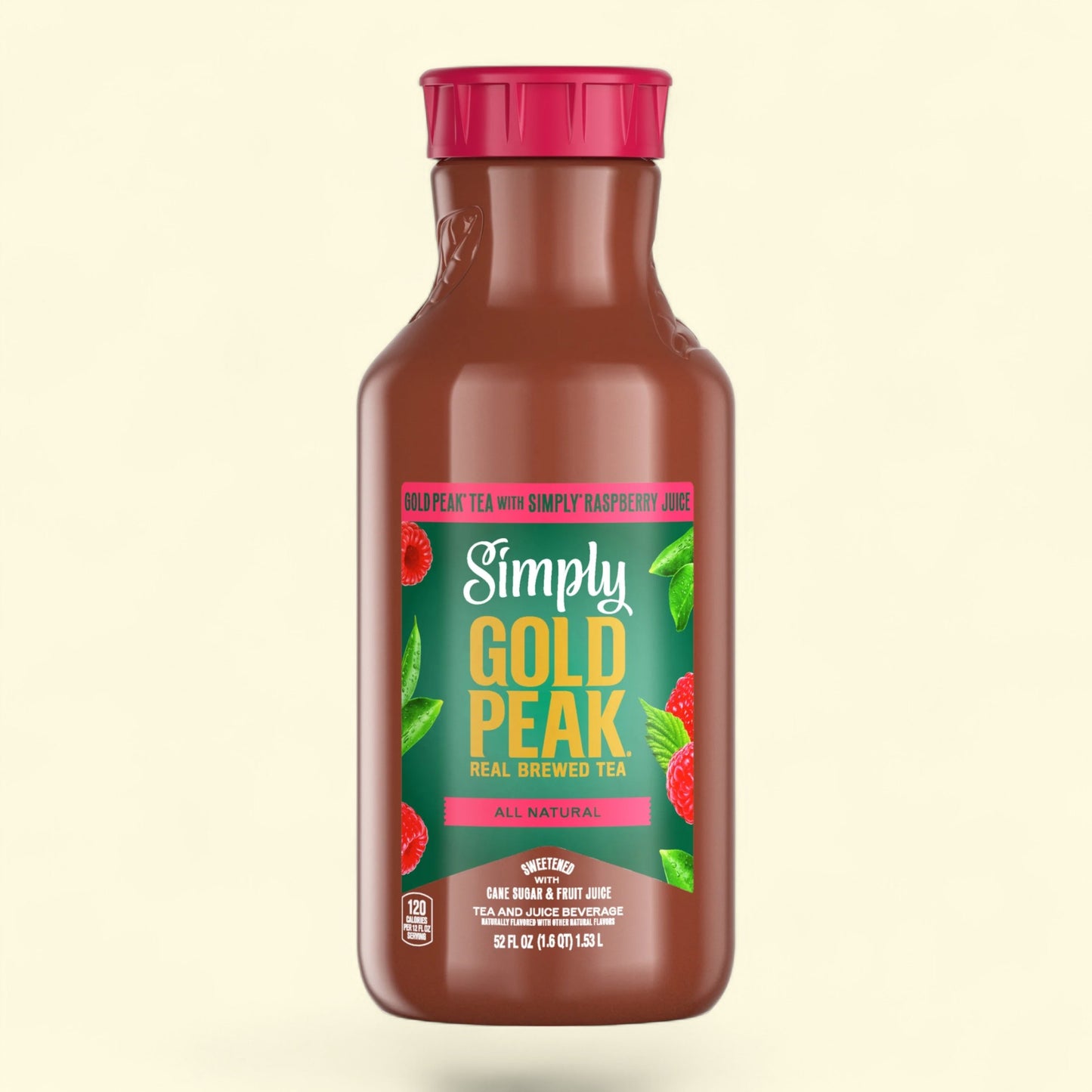Gold Peak tea bottle with raspberry flavor on a beige background