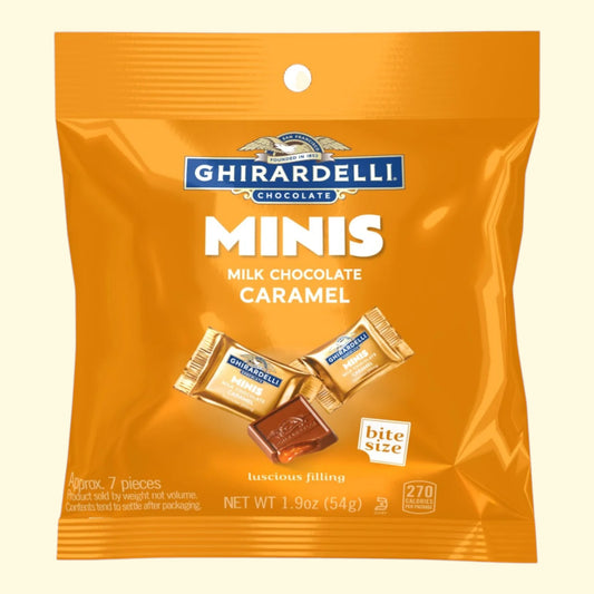 Ghirardelli chocolate minis milk chocolate caramel package on a beige background