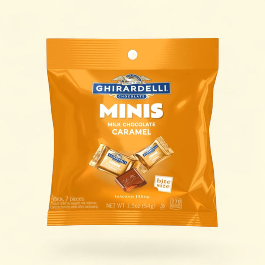 GHIRARDELLI Milk Chocolate Candy Minis with Caramel Filling, 1.9 oz — authentic US product shipped worldwide by Treatspree