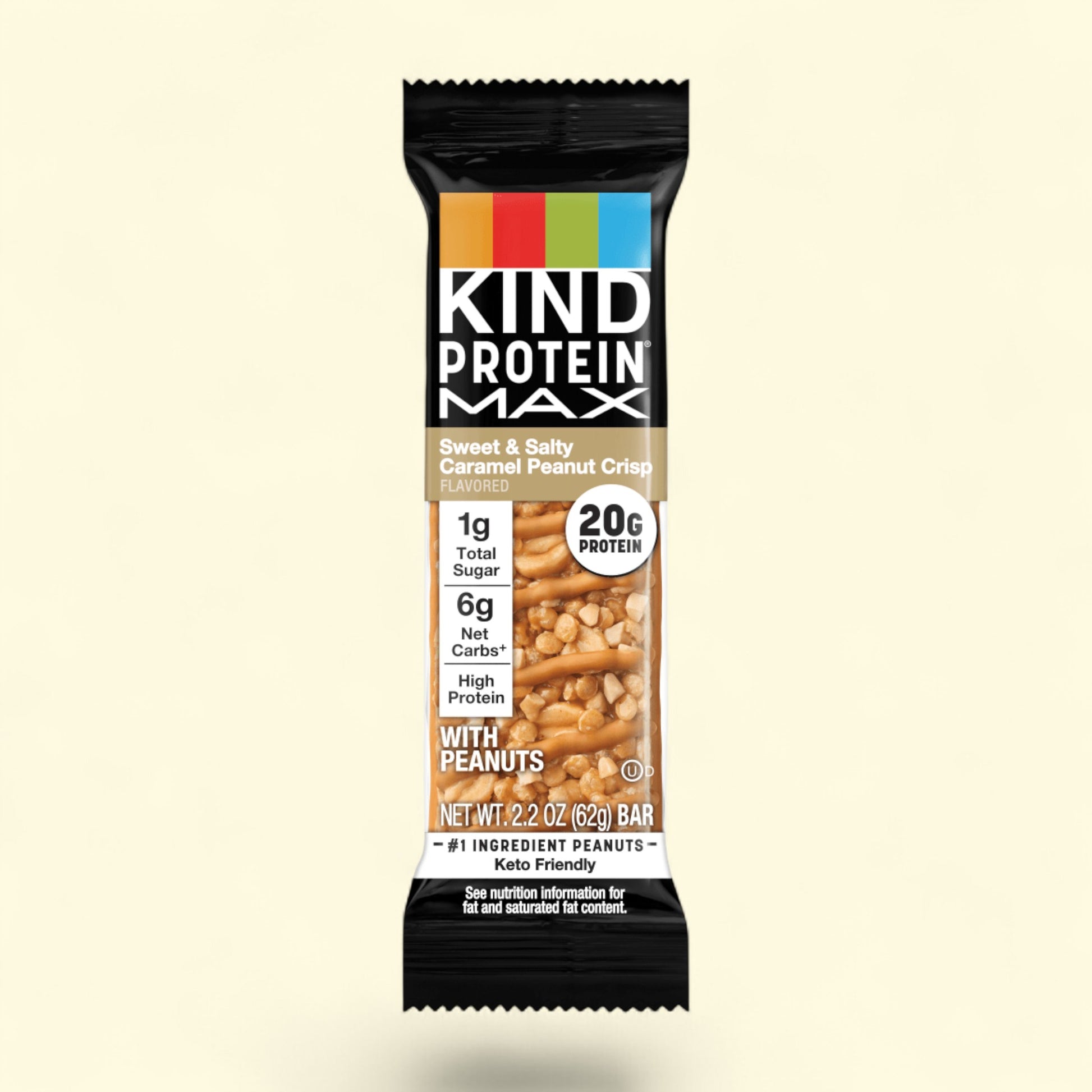 Kind Protein Max sweet and salty caramel peanut crisp with peanuts bar packaging on a beige background