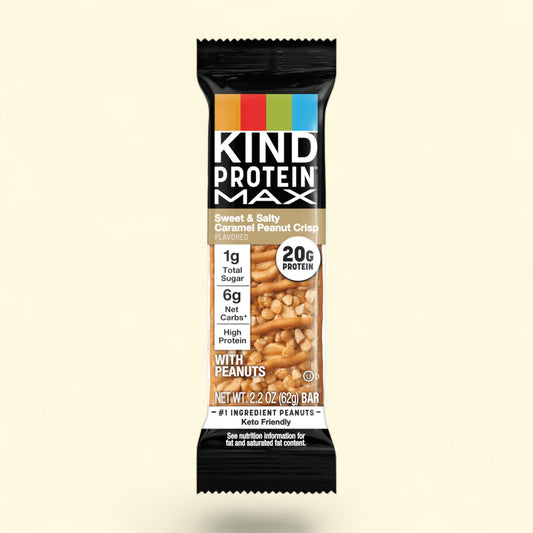 Kind Protein Max sweet and salty caramel peanut crisp with peanuts bar packaging on a beige background