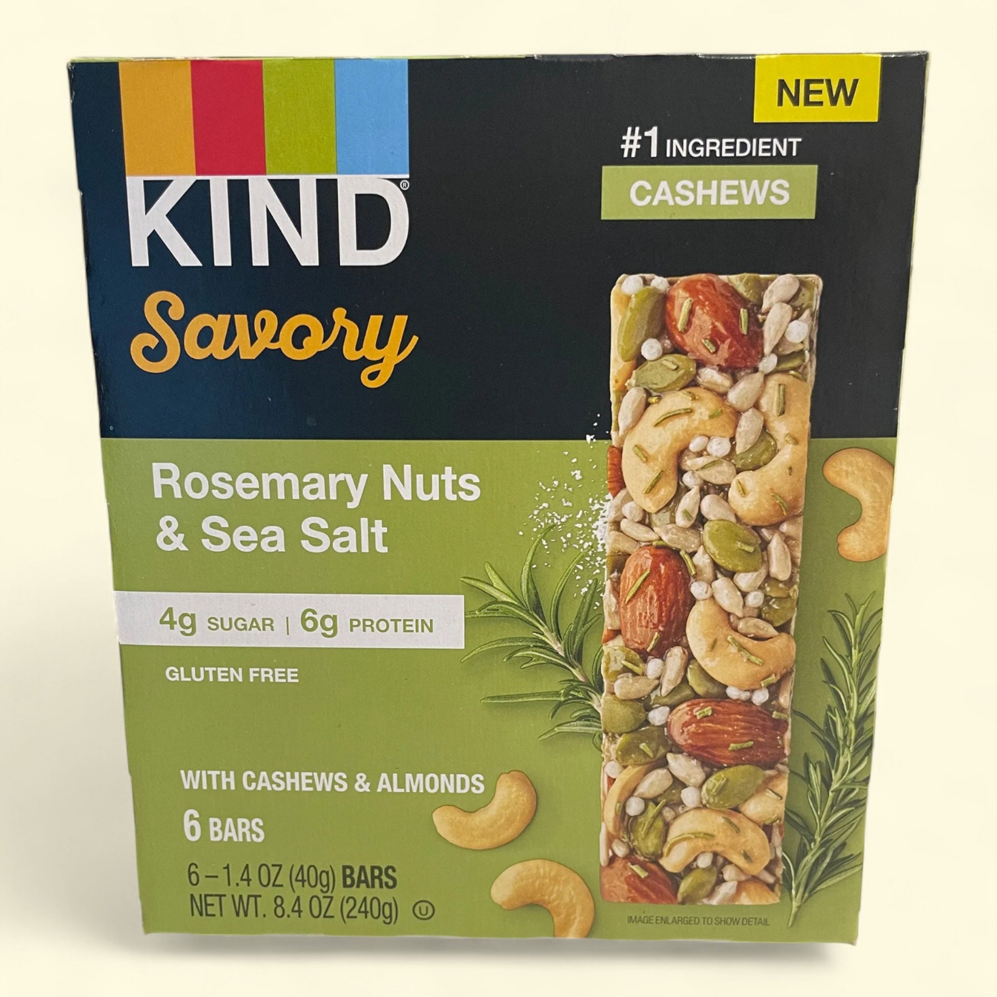 Kind Savory Rosemary Nuts & Sea Salt snack bar packaging on a white background