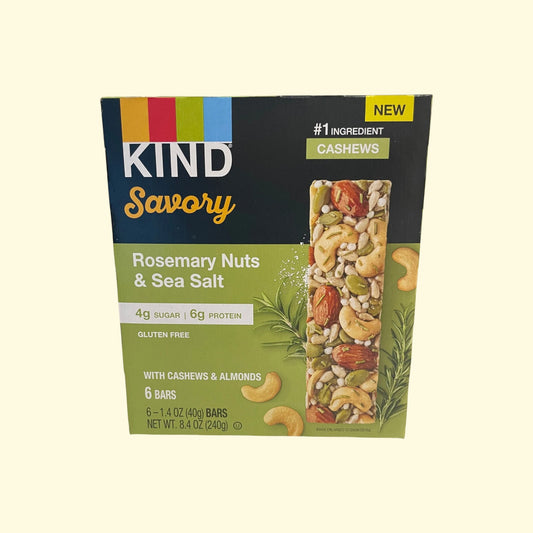 Kind Savory Rosemary Nuts & Sea Salt snack bar packaging on a white background