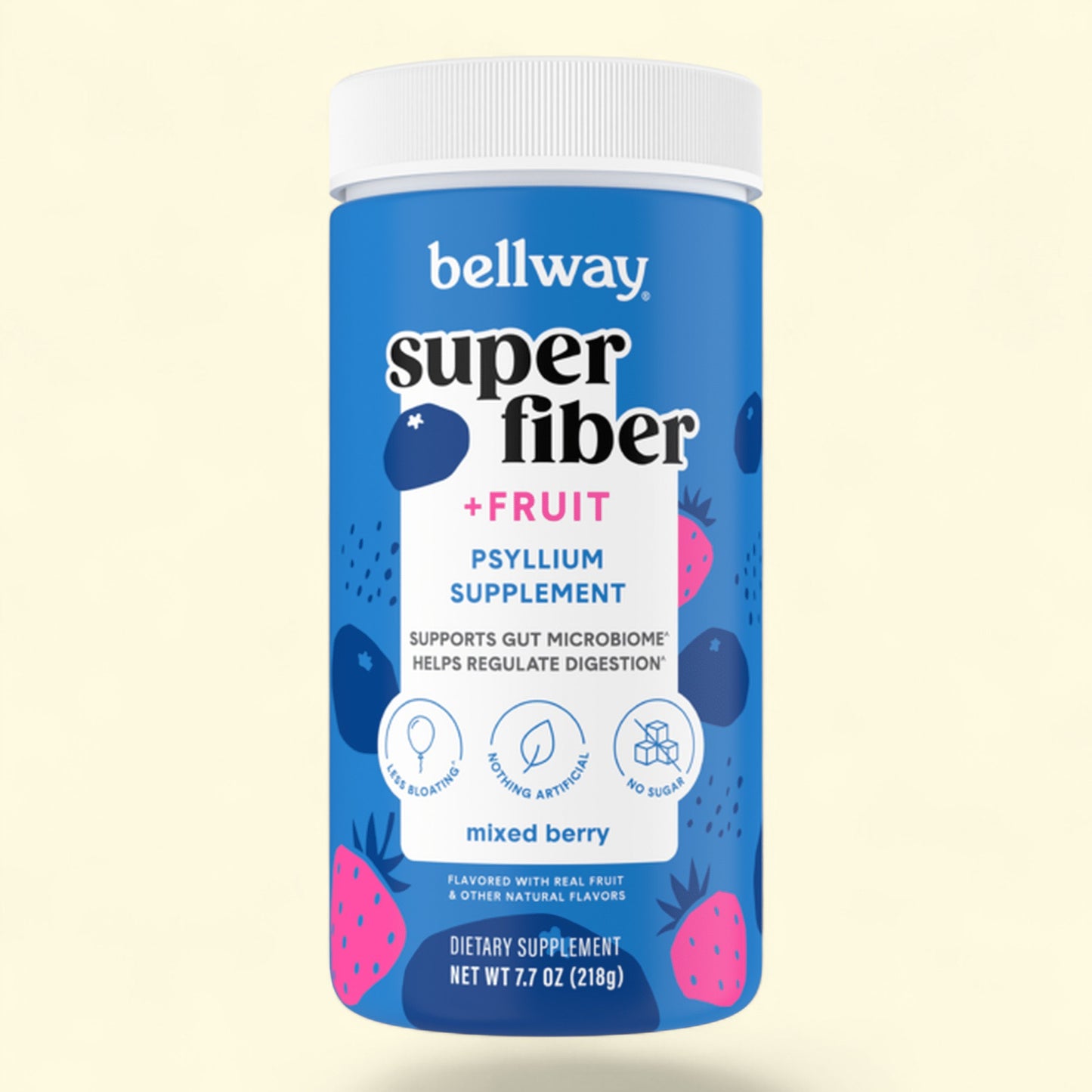 Bellway super fiber supplement container with blue label and white lid on a light yellow background