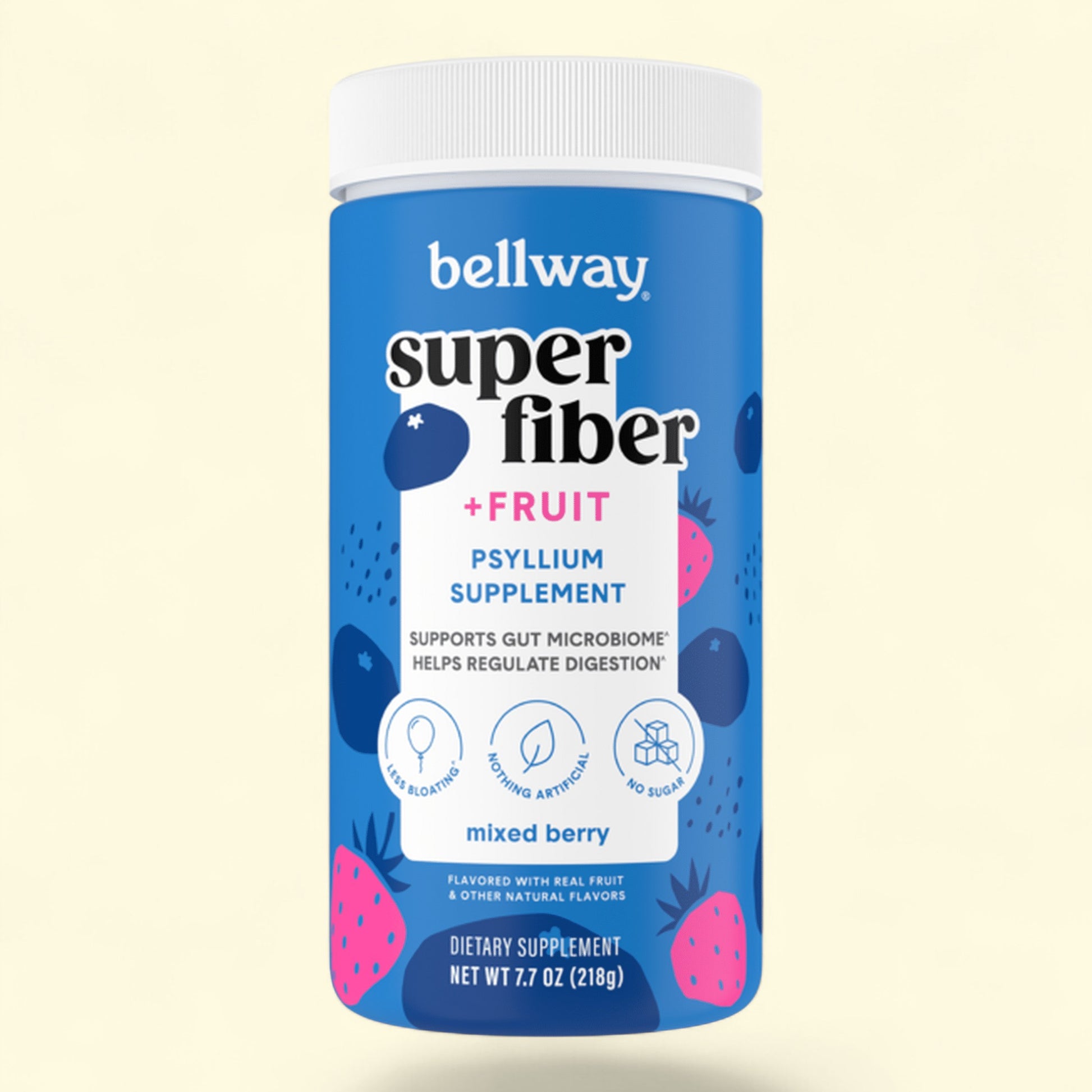 Bellway super fiber supplement container with blue label and white lid on a light yellow background
