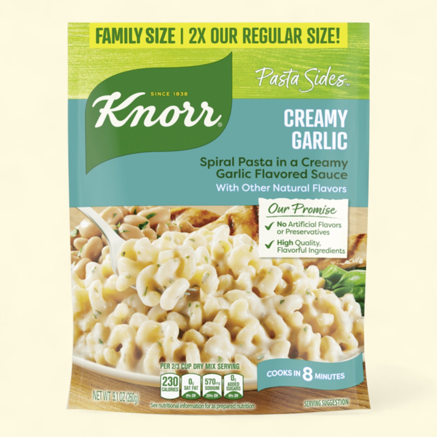Knorr pasta sides creamy garlic packaging on a beige background