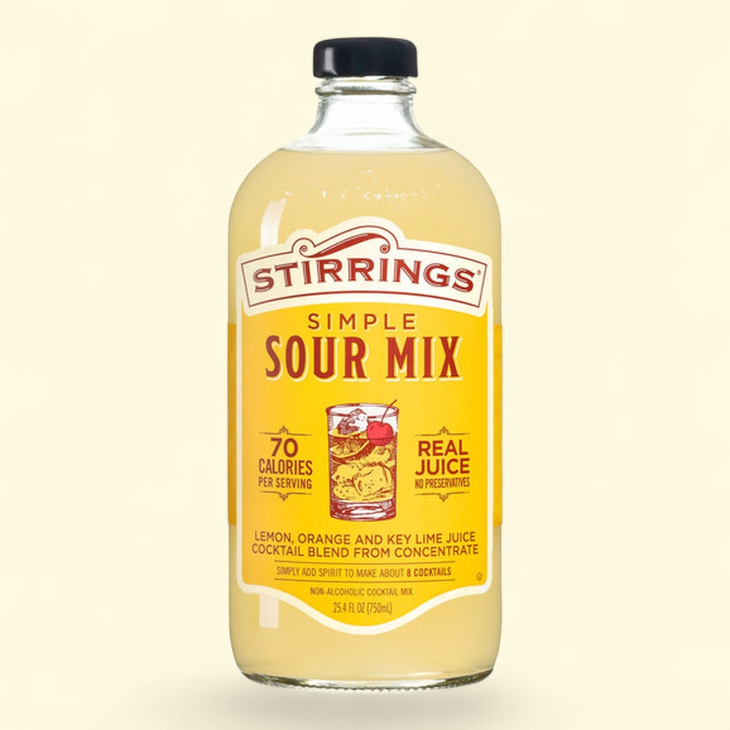 Bottle of Stirrings Simple Sour Mix on a beige background
