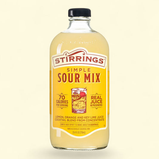 Bottle of Stirrings Simple Sour Mix on a beige background