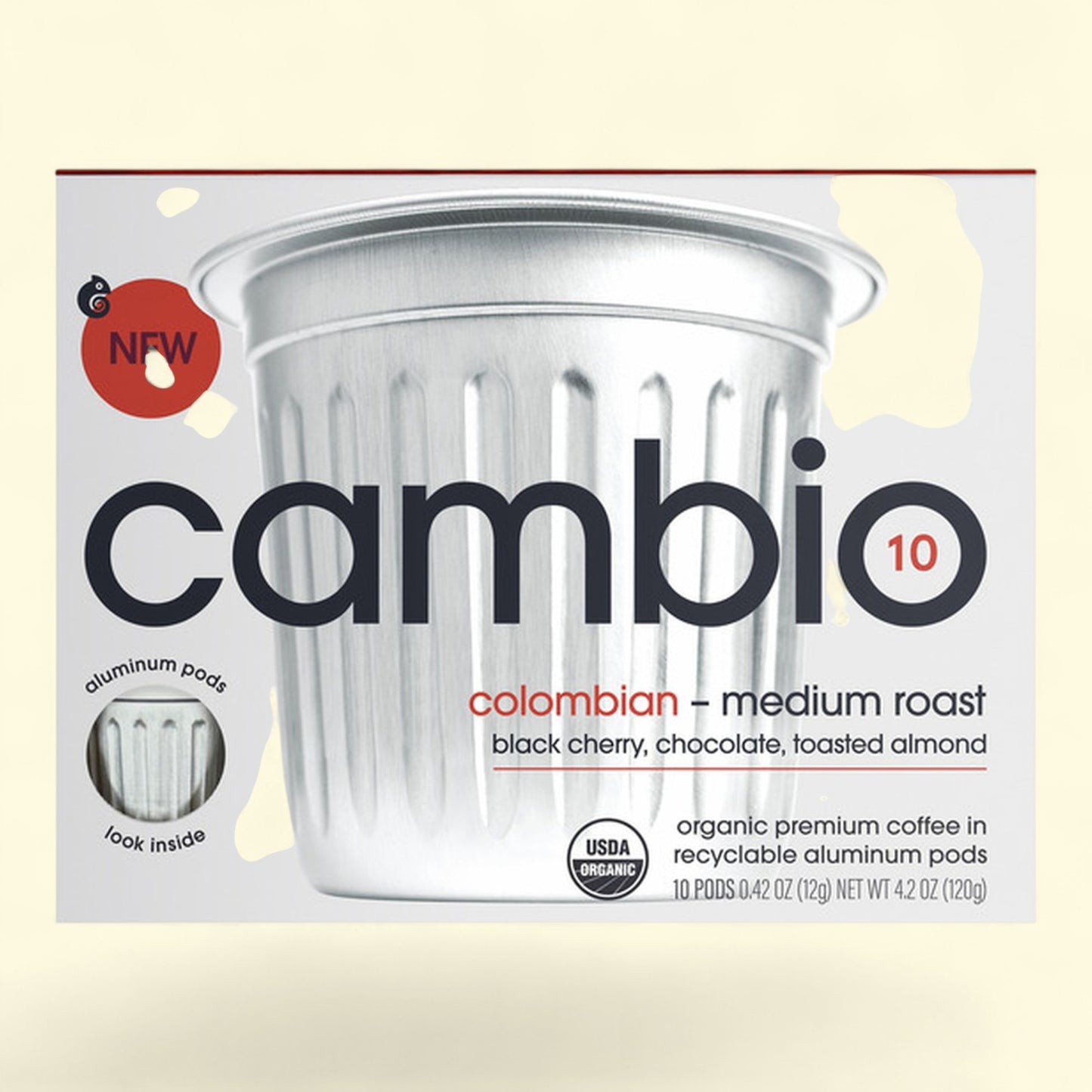 Cambio colombian medium roast coffee pod packaging on a beige background