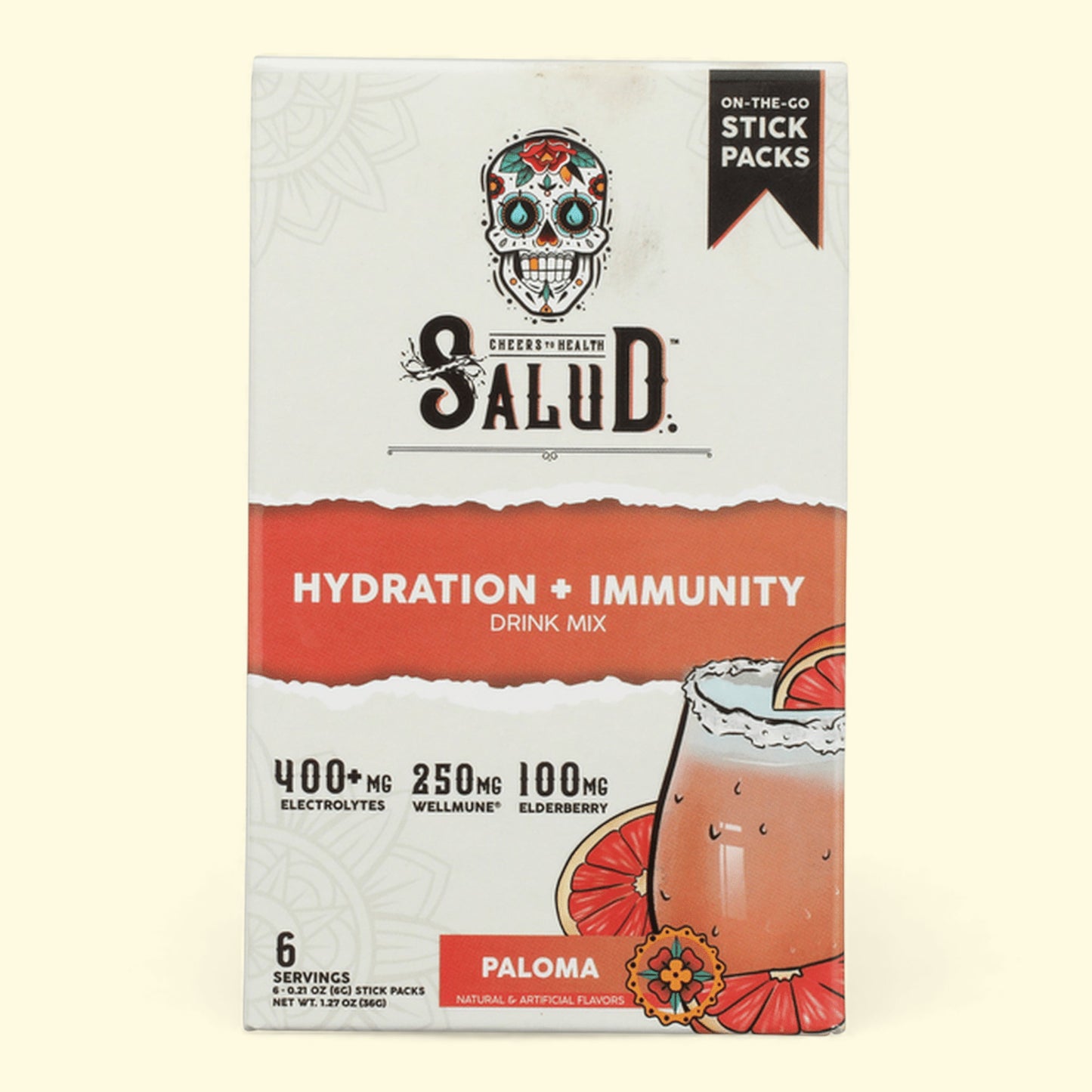 Salud Hydration + Immunity Drink Mix package with a paloma flavor illustration on a white background