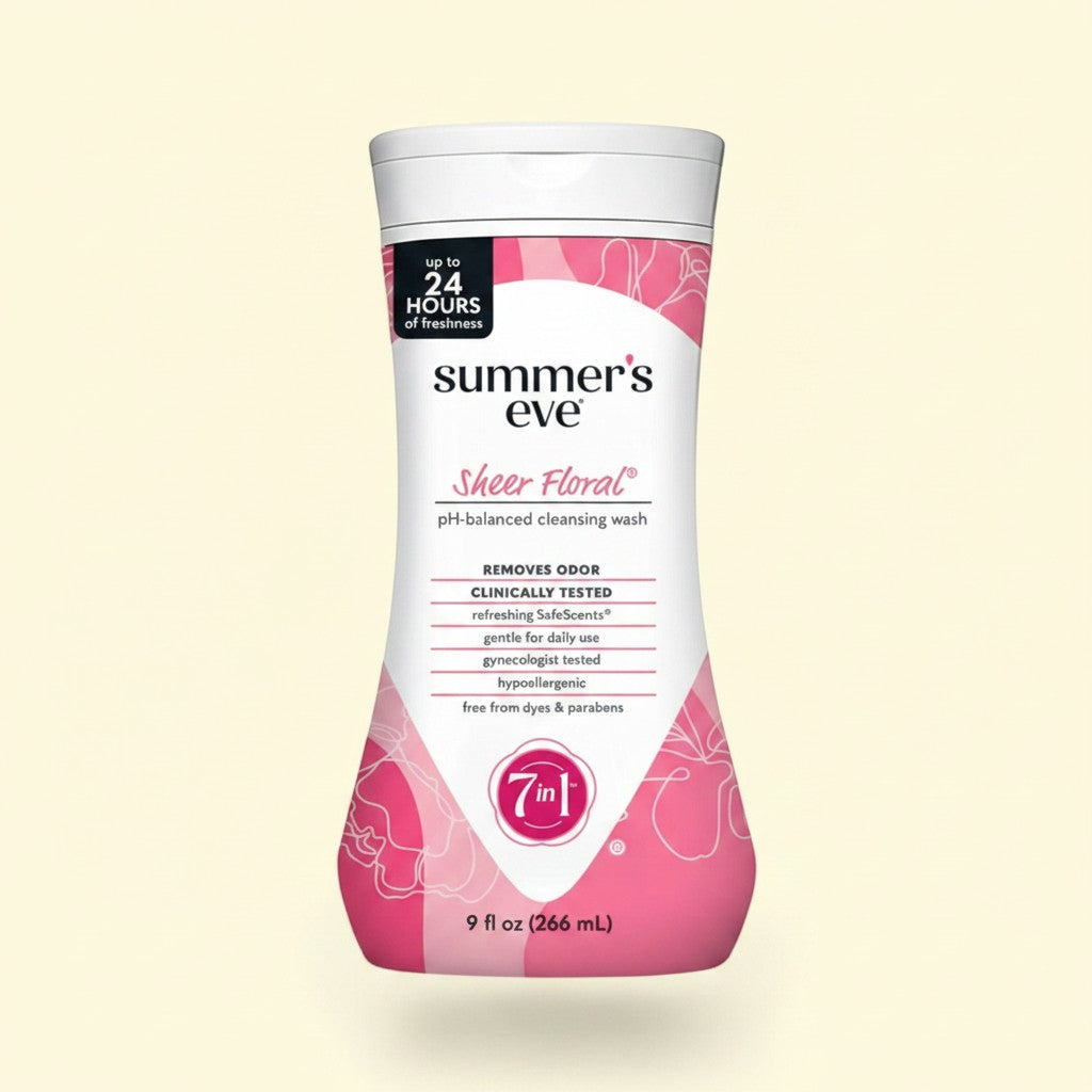 Summer's Eve Daily Feminine Wash, Sheer Floral scent, pH-balanced cleansing wash, 9 fl oz bottle.