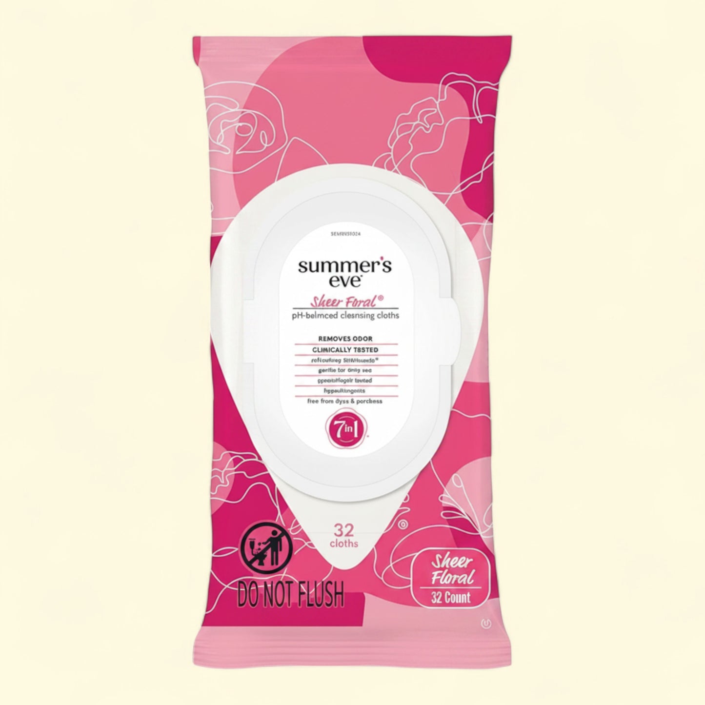 Summer's Eve Sheer Floral feminine cleansing wipes, 32 count, pH-balanced, gynecologist tested, dye and paraben free.