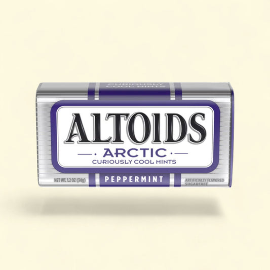Treatspree Altoids Arctic Peppermint sugarfree mints in a 1.2oz tin with a purple and silver design.