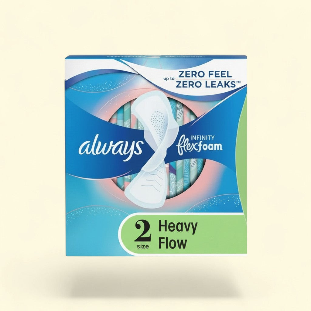 Treatspree Always Infinity Size 2 Heavy Flow feminine pads with wings, featuring FlexFoam Technology for zero leaks and zero feel.