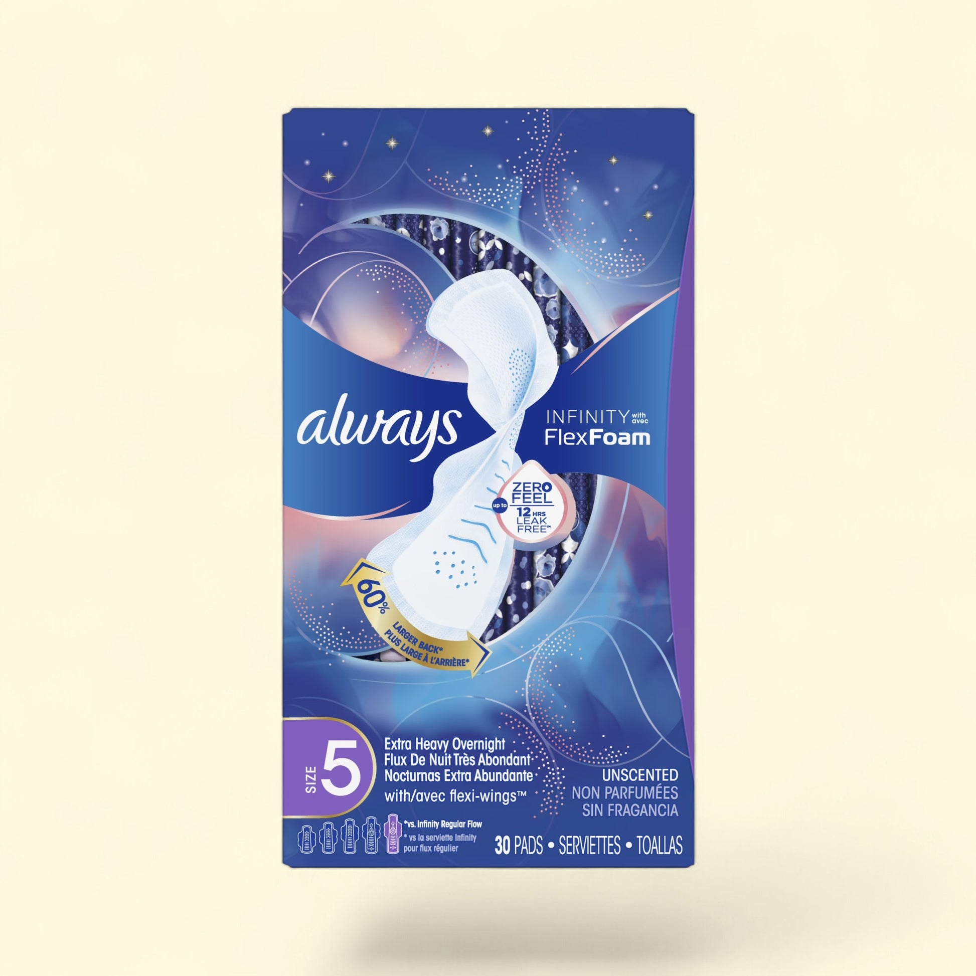 Treatspree Always Infinity Size 5 Extra Heavy Overnight pads with Flexi-wings, 30 unscented pads for 12-hour leak-free protection.