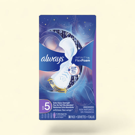 Treatspree Always Infinity Size 5 Extra Heavy Overnight pads with Flexi-wings, 30 unscented pads for 12-hour leak-free protection.