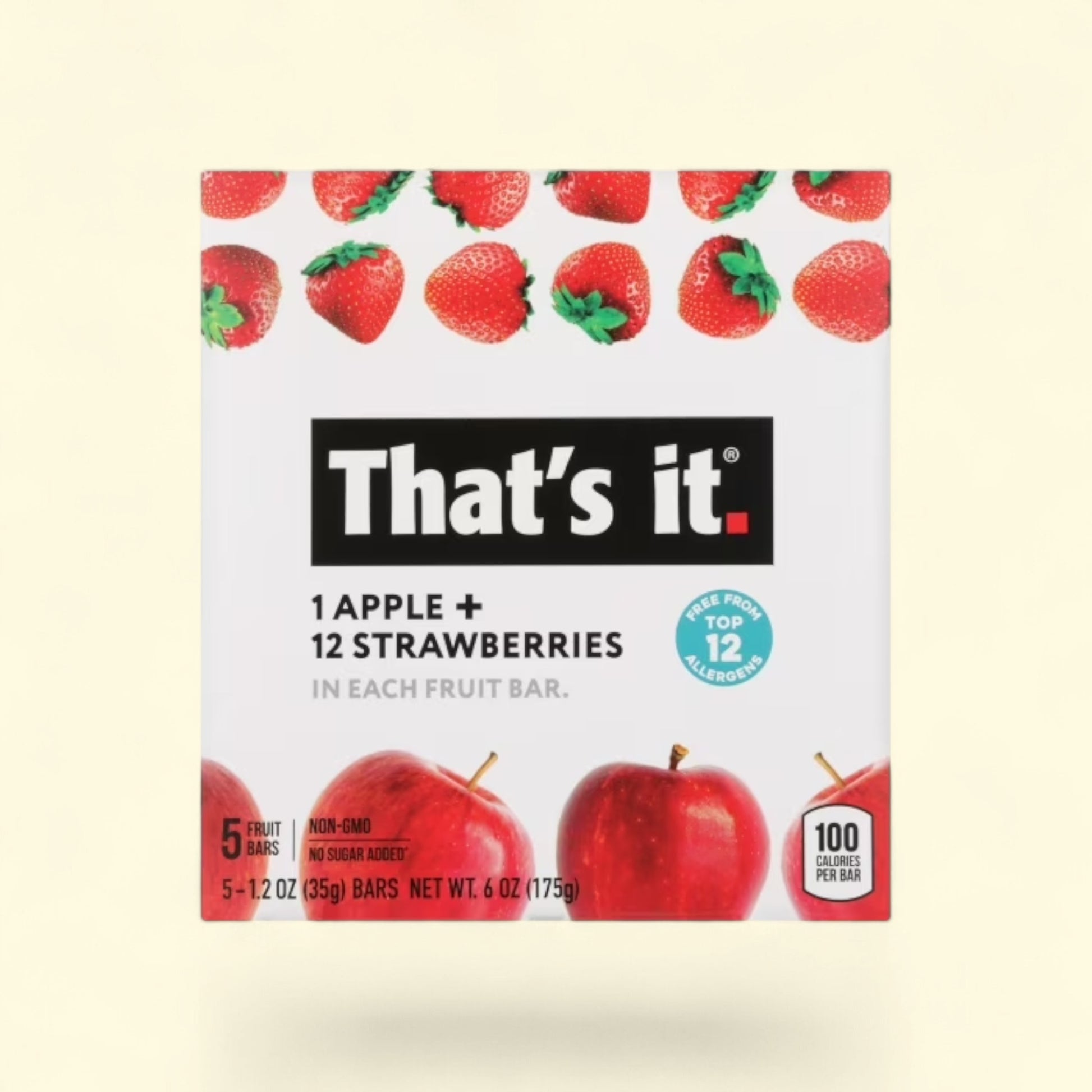 Treatspree That's It Apple and Strawberry Nutrition Bars, 5ct. Made with 1 apple and 12 strawberries per bar. No sugar added.