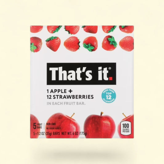 Treatspree That's It Apple and Strawberry Nutrition Bars, 5ct. Made with 1 apple and 12 strawberries per bar. No sugar added.