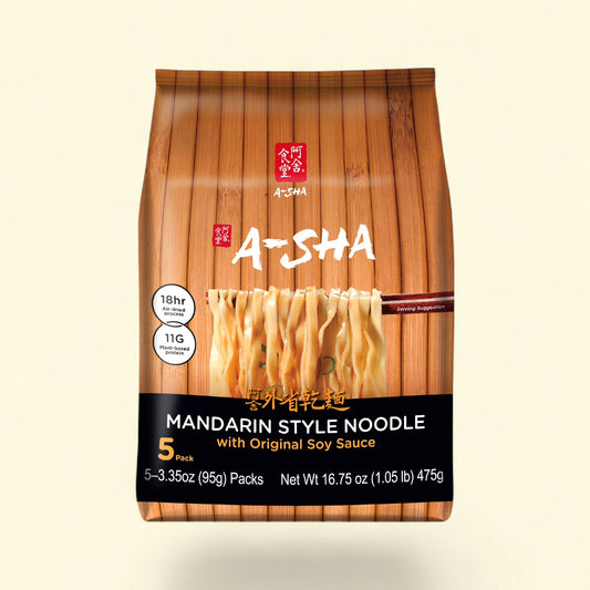 Treatspree Asha Mandarin Ramen Noodles, medium width, 5-count pack with original soy sauce, air-dried process, 11g plant-based protein.