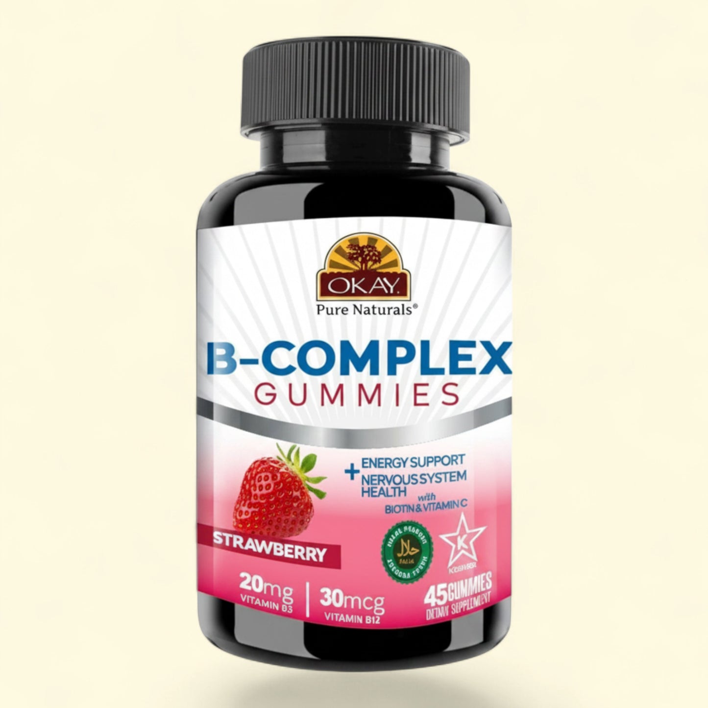 Treatspree Okay Pure Naturals B-Complex Gummies, strawberry flavor, 45 count, with Vitamin C & B12 for energy support.