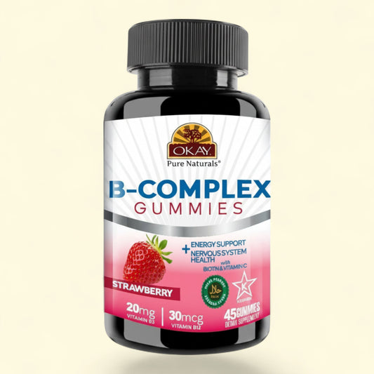 Treatspree Okay Pure Naturals B-Complex Gummies, strawberry flavor, 45 count, with Vitamin C & B12 for energy support.
