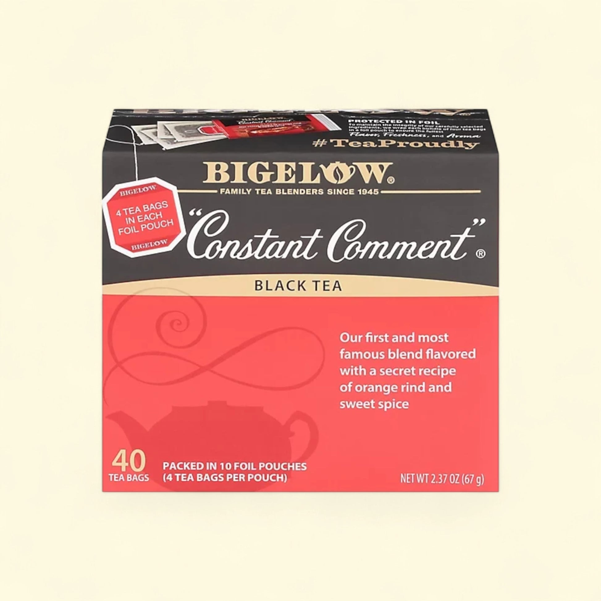 Bigelow Constant Comment Black Tea Bags, 40 count box with orange rind and sweet spice flavor.