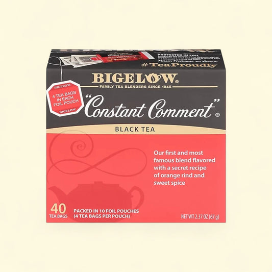 Bigelow Constant Comment Black Tea Bags, 40 count box with orange rind and sweet spice flavor.