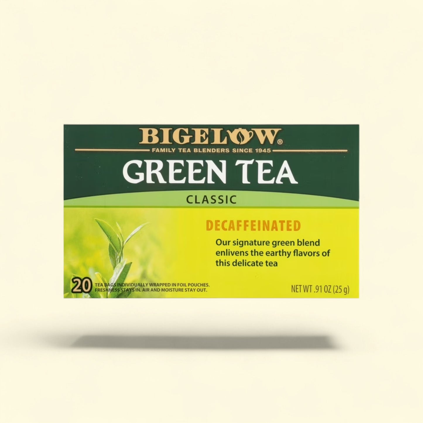 Treatspree Bigelow Classic Decaffeinated Green Tea box with 20 individually wrapped tea bags.