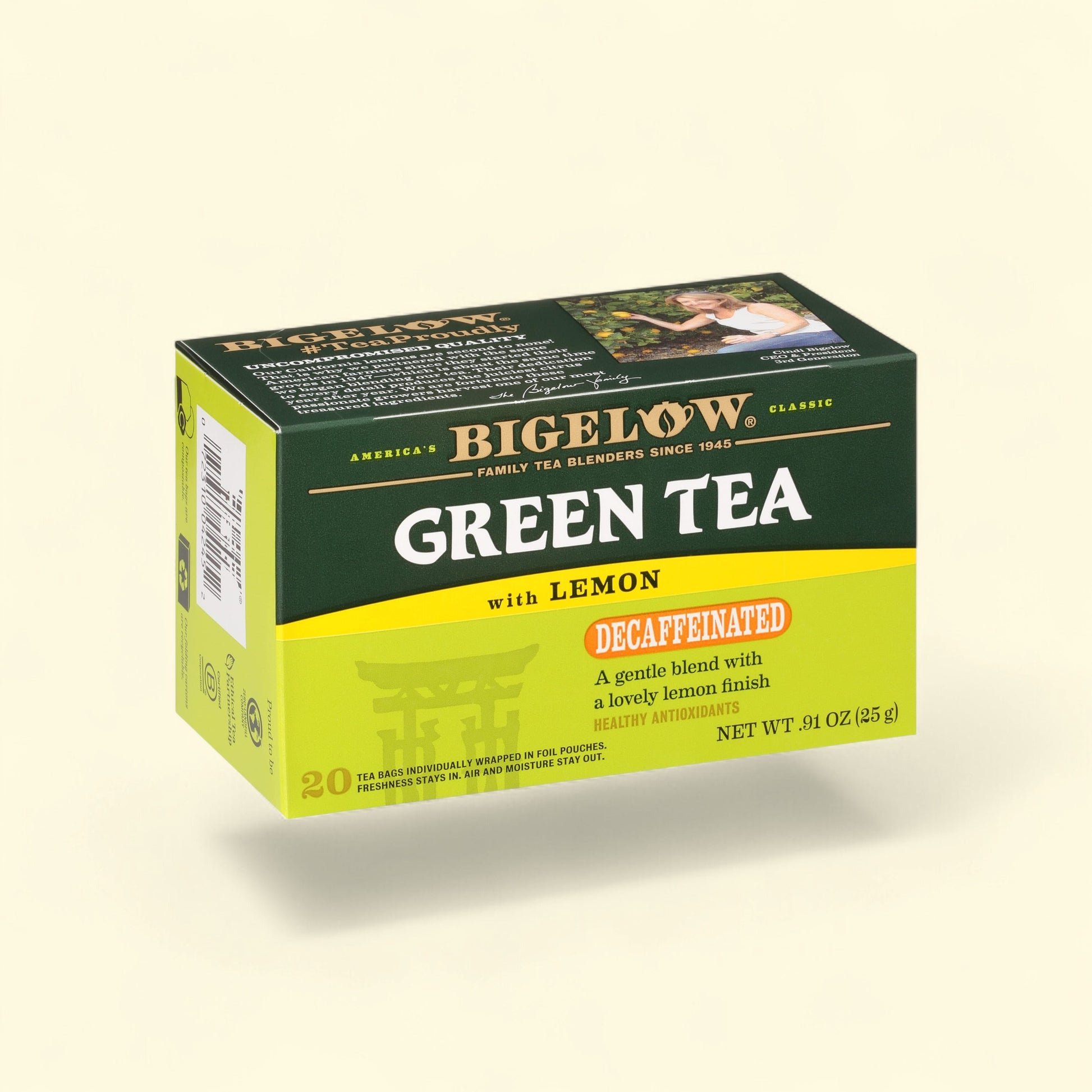 Treatspree Bigelow Decaffeinated Green Tea with Lemon tea bags, 20 count box with a picture of a woman picking lemons.