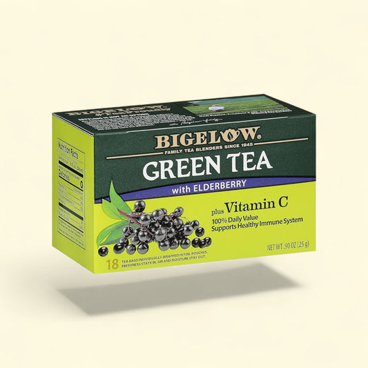 Treatspree Bigelow Green Tea with Elderberry and Vitamin C tea bags, 20 count box with illustration of elderberries.