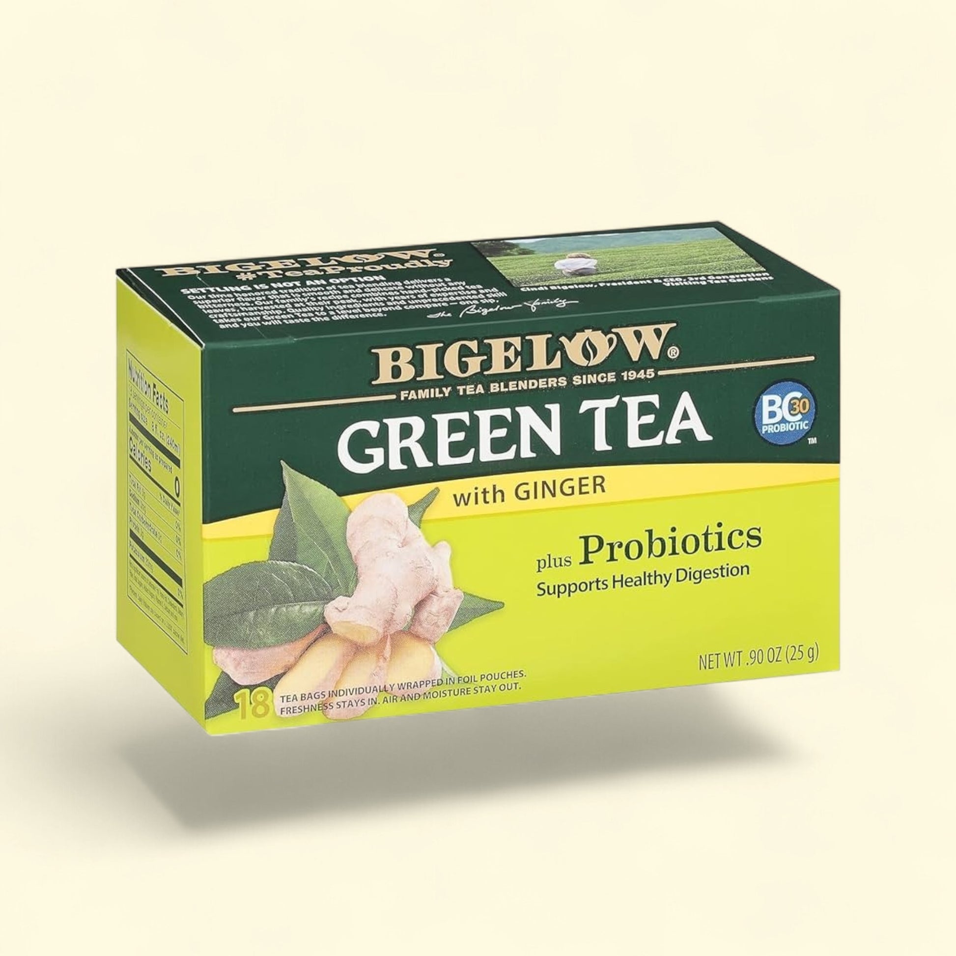 Treatspree Bigelow Green Tea with Ginger Plus Probiotics, 18 individually wrapped tea bags, supports healthy digestion.