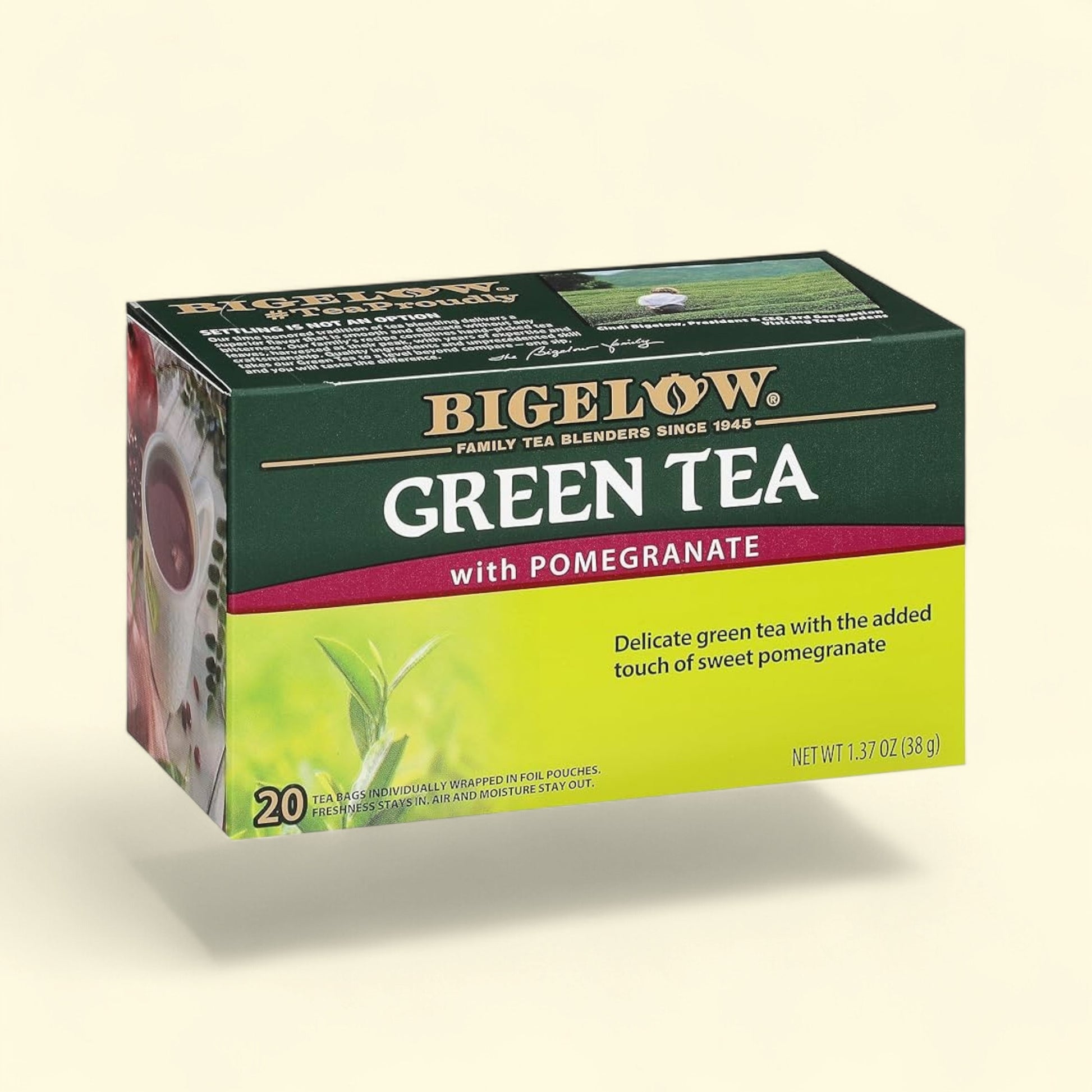 Treatspree Bigelow Green Tea with Pomegranate tea bags, 20 count box. Delicate green tea with sweet pomegranate flavor.