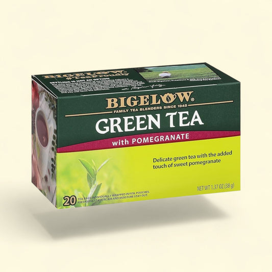 Treatspree Bigelow Green Tea with Pomegranate tea bags, 20 count box. Delicate green tea with sweet pomegranate flavor.