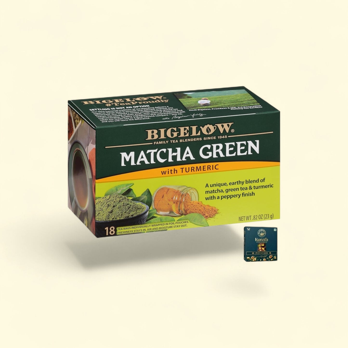 Treatspree Bigelow Macha Green Tea Bags with Turmeric, 18 individually wrapped tea bags. Earthy blend with matcha, green tea, and turmeric.