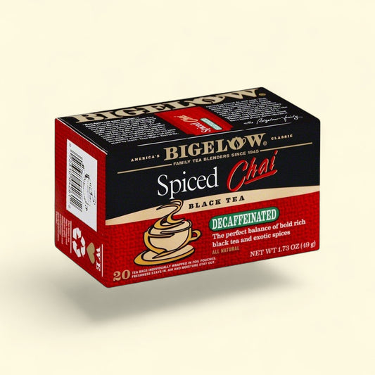Treatspree Bigelow Spiced Chai Decaffeinated Black Tea, 20 tea bags individually wrapped in foil pouches.