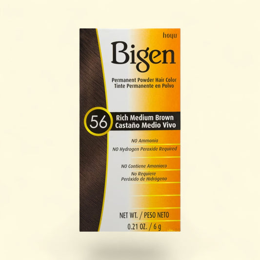 Treatspree Bigen Permanent Powder Haircolor in Rich Medium Brown #56. Ammonia-free formula, no hydrogen peroxide required. 0.21 oz.
