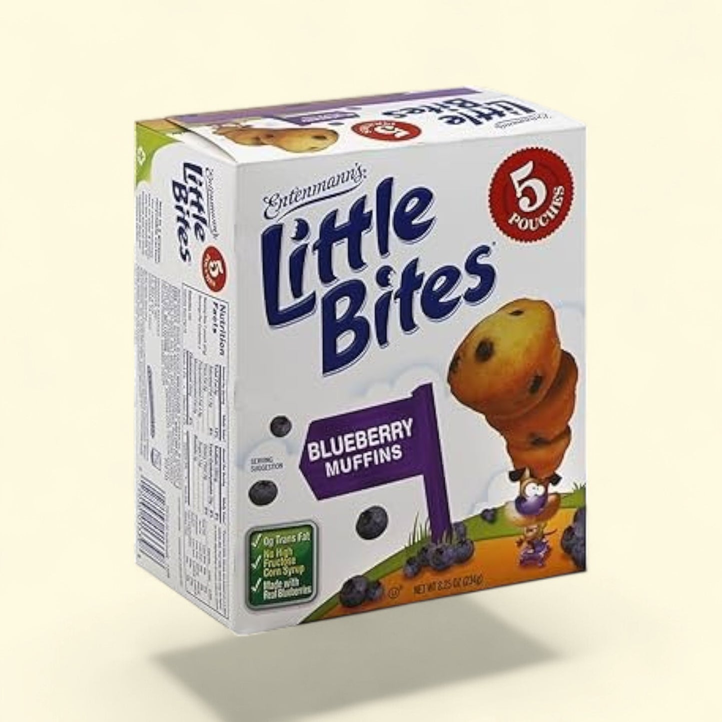Treatspree box of Entenmann's Little Bites Blueberry Mini Muffins, 5 pouches, made with real blueberries.