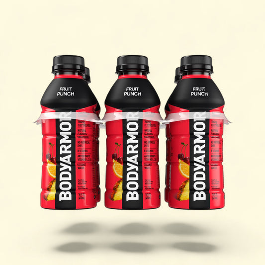Treatspree BODYARMOR SuperDrink Fruit Punch 6-pack bottles with electrolytes, vitamins, and natural flavors.